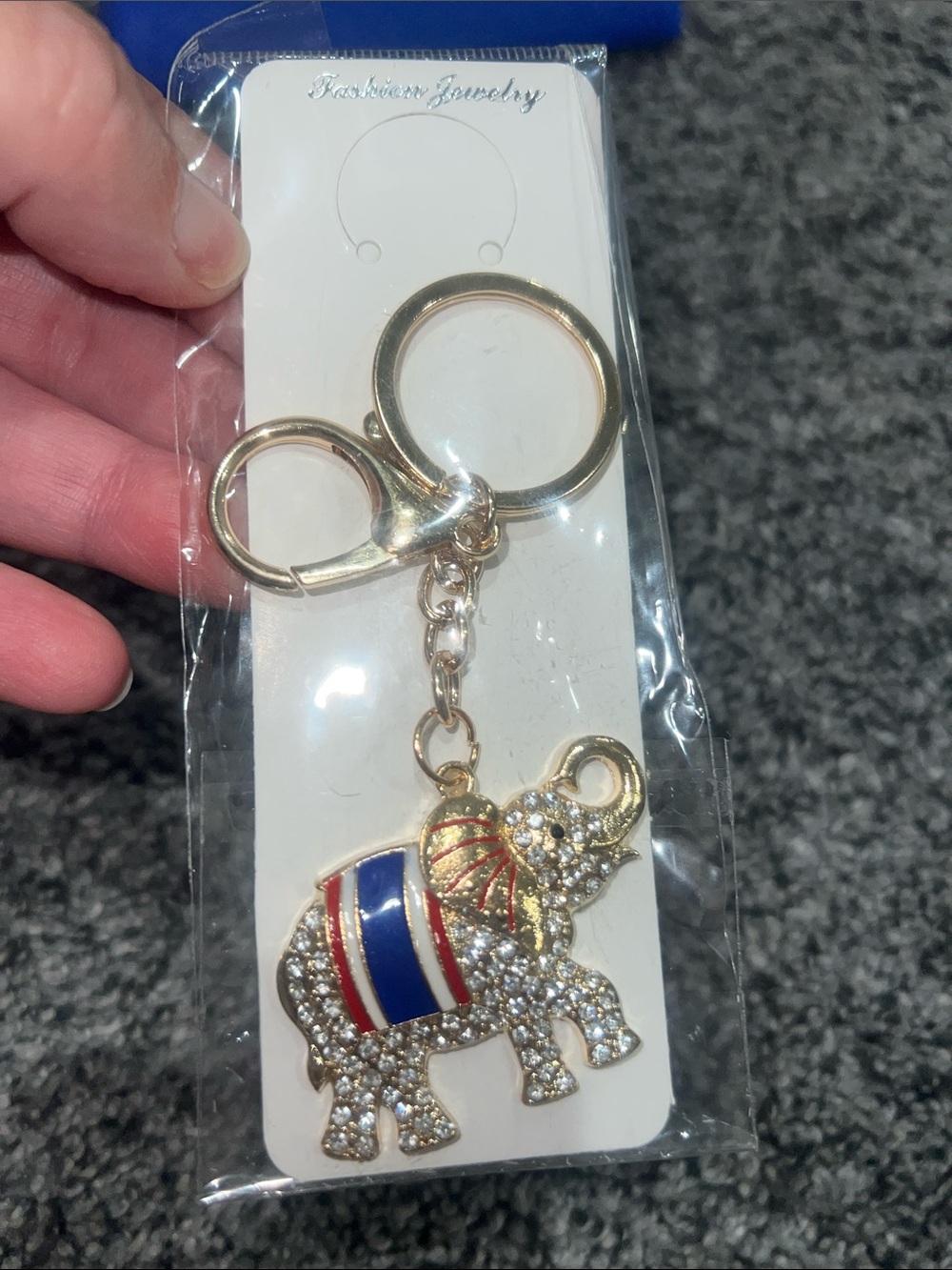 Gold Elephant Keychain with Red, White & Blue Enamel